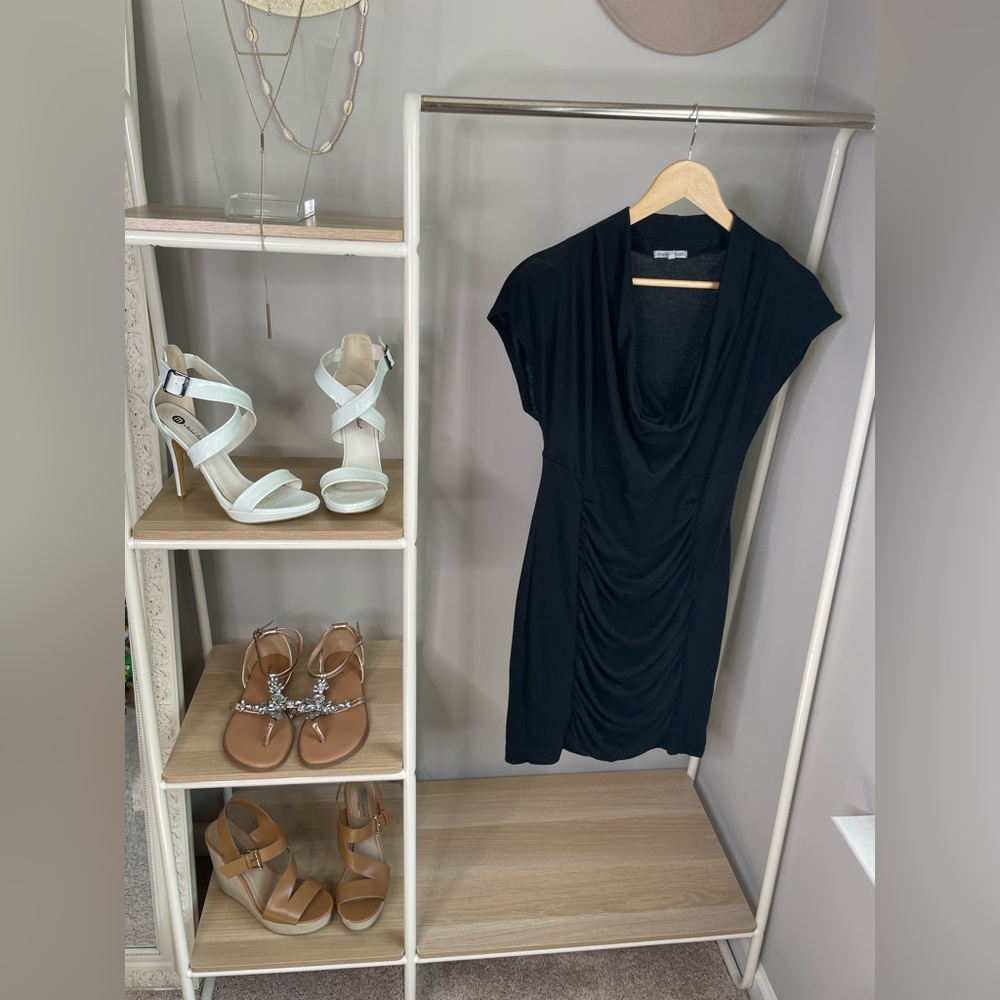 Black knit cowl neck rouched dress